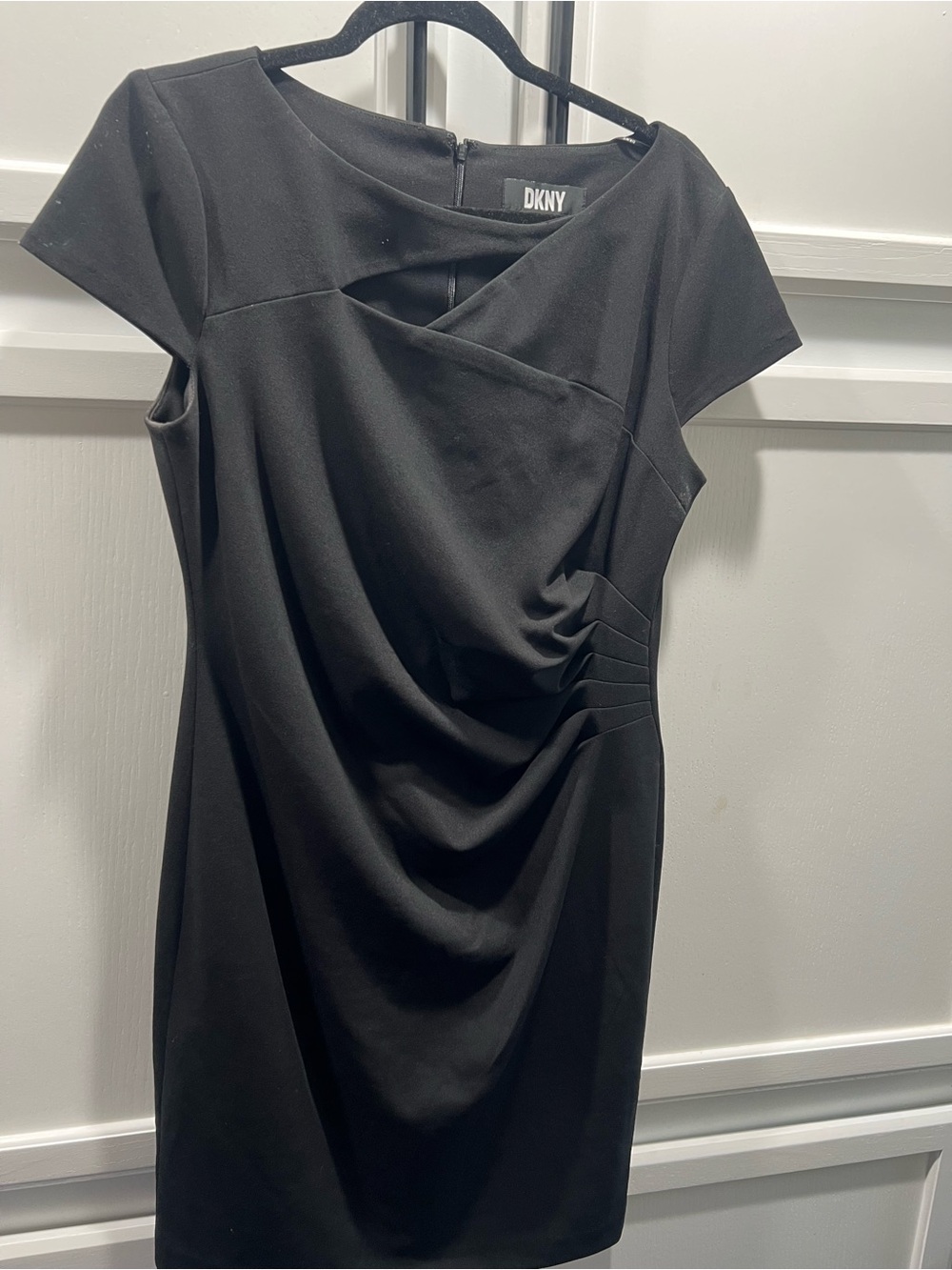 DKNY Black Draped Midi Dress with Cap Sleeves
